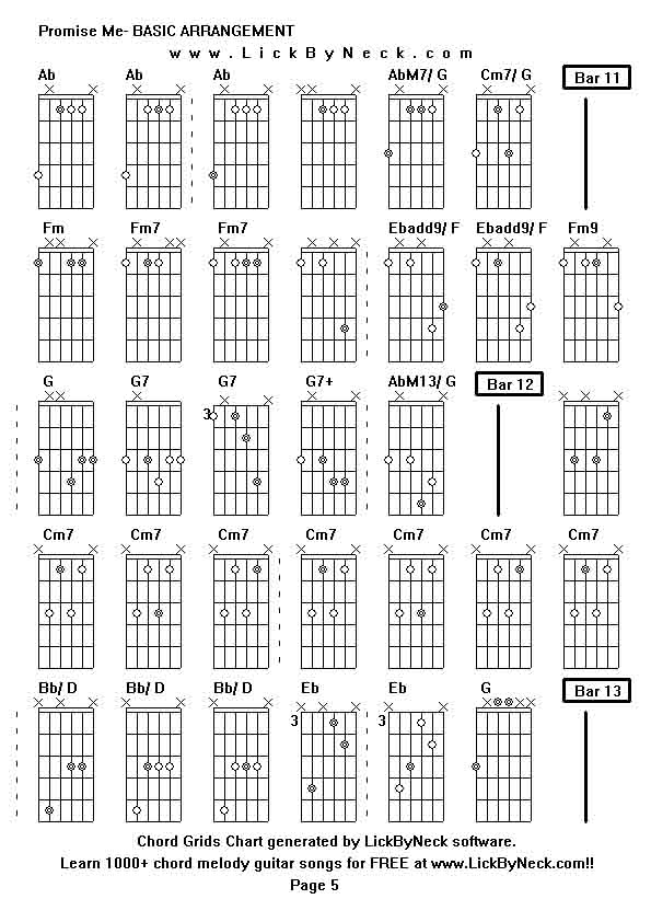 Chord Grids Chart of chord melody fingerstyle guitar song-Promise Me- BASIC ARRANGEMENT,generated by LickByNeck software.